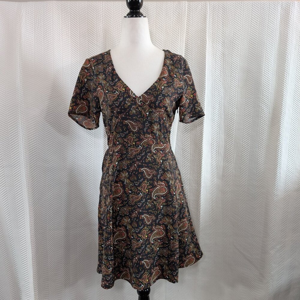 Simons Twik Black Paisley Print Mini Dress Short Sleeve Small Boho Office Fall
